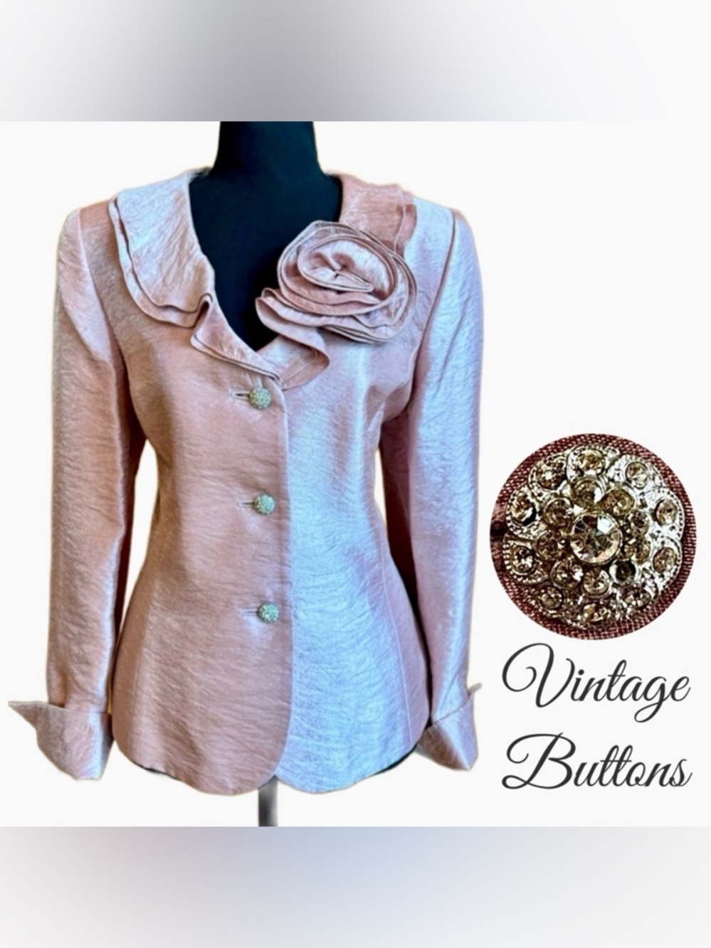 Dusty Pink Kasper Jacket with Rosette Accent & Vintage Faux Jeweled Buttons (12) - Picture 17 of 17
